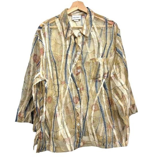 Vintage Graff Wear Linen Blend Sheer Floral Striped Button Down Blouse XL - Picture 3 of 14
